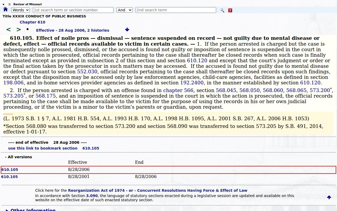 Gasconade County criminal record access statute, section 610.105