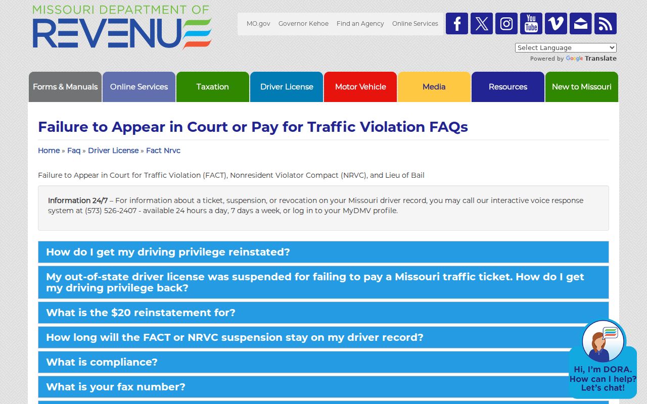 Gasconade County traffic court records reference for Missouri DOR FACT and NRVC compliance instructions